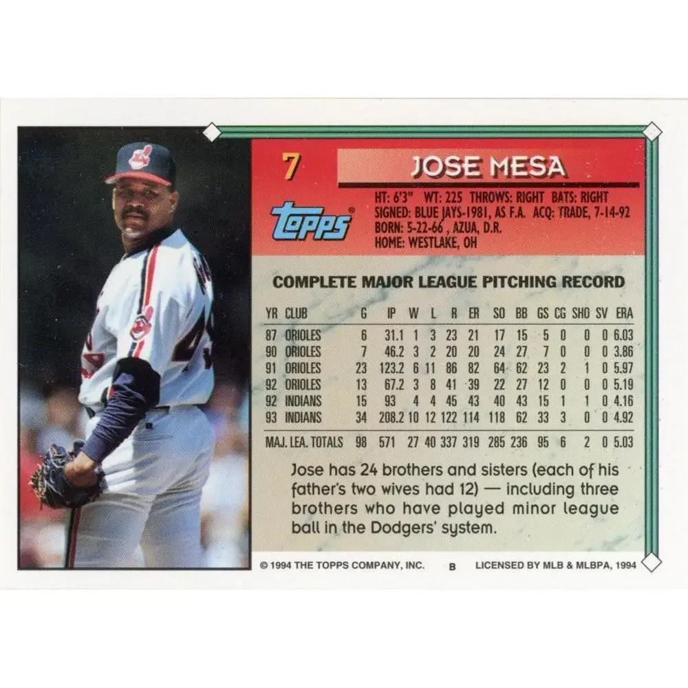 1994 Topps Jose Mesa # 7 Cleveland Indians